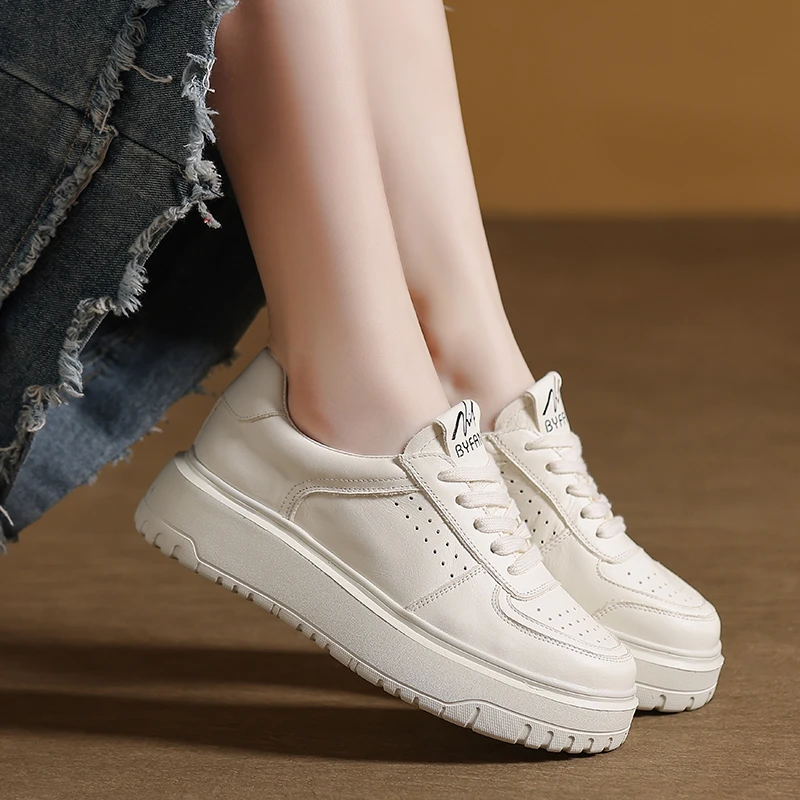 头层牛皮厚底小白鞋女鞋2025新款春夏松糕鞋增高休闲平底百搭板鞋