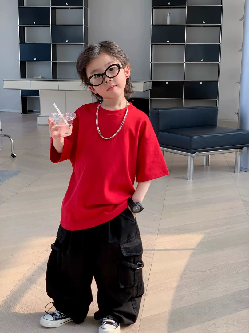 220克中国红夏男女童圆领短袖t恤打底单穿宽松透气学生上百搭纯棉