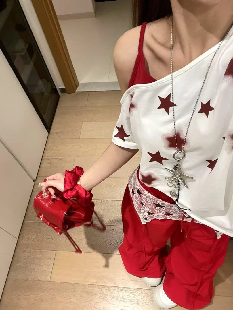 美式宽松高级感设计感斜肩撞色吊带T恤