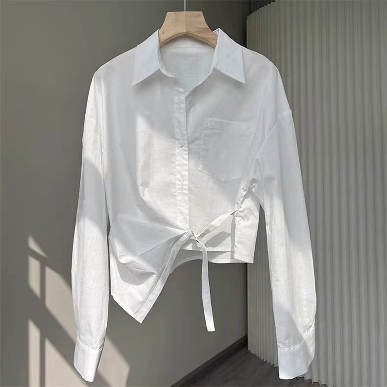 1234#小众不规则设计系带衬衫女秋装新款翻领显瘦短上衣（约49）