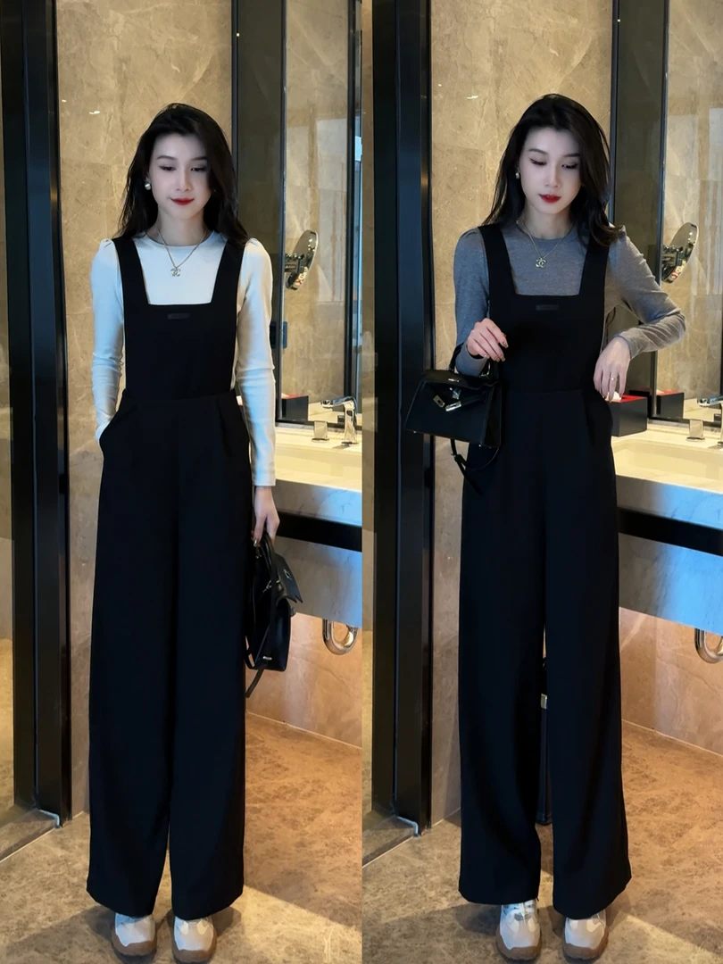 背带裤女休闲阔腿裤宽松高腰显瘦+上衣两件套套装