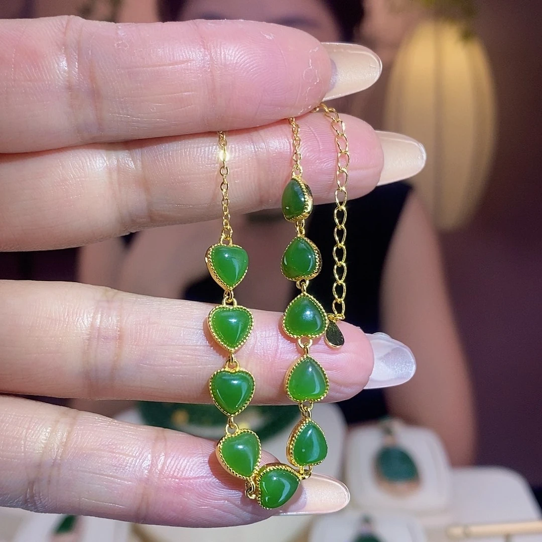 银S925镀金镶嵌手链和田玉（碧玉）