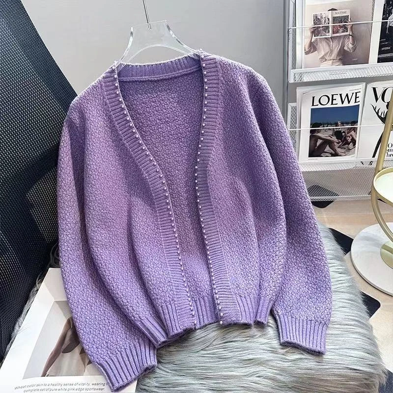 【紫珍珠】奶系温柔风珍珠针织开衫秋冬季新款软糯短款毛衣外套6600