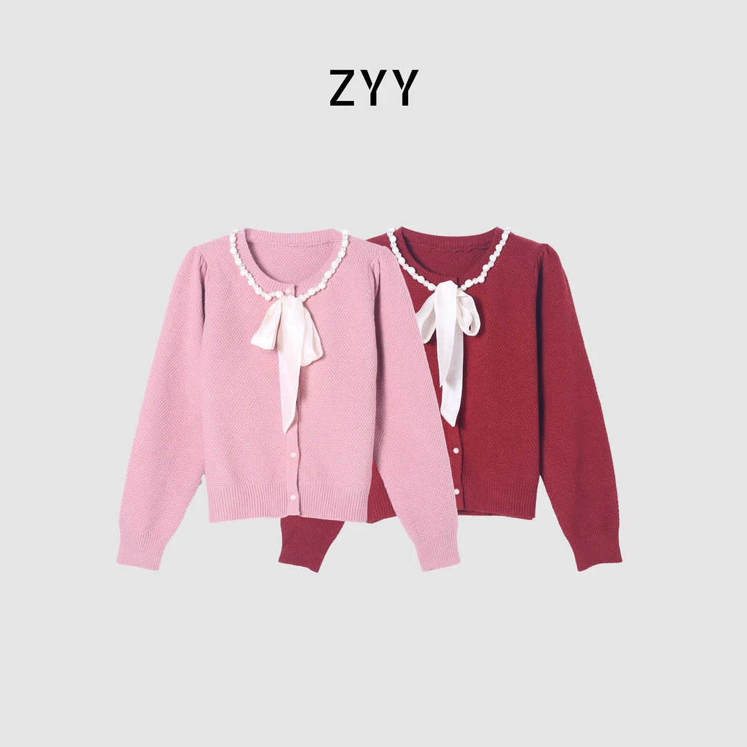 ZYY【林间絮语】2025S/SS新款韩系绑带珍珠重工针织衫X25DMY05580