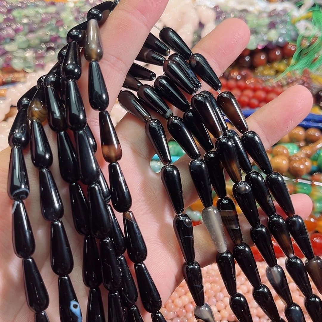 玛瑙/玉髓合金珠宝半成品黑玛瑙水滴一条8x16mm