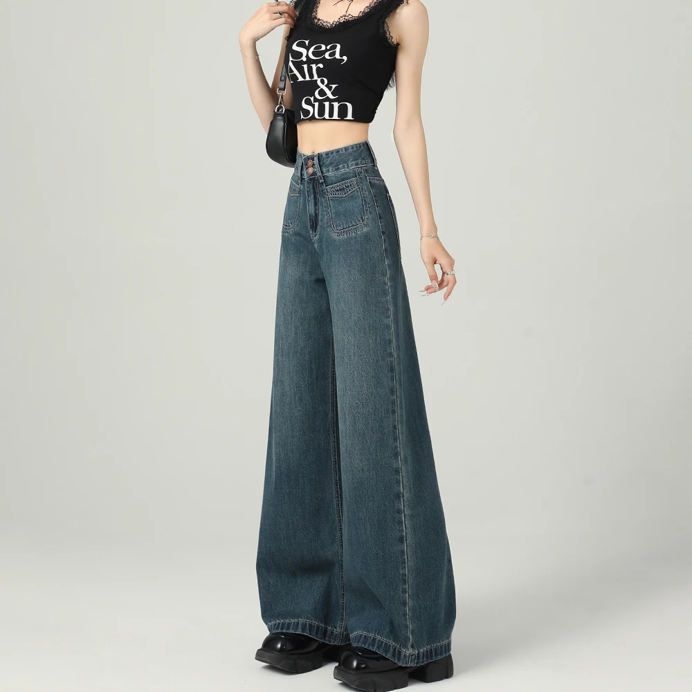 2025春新款蓝色加长高腰阔腿牛仔裤女显瘦大码宽松休闲女裤多规格