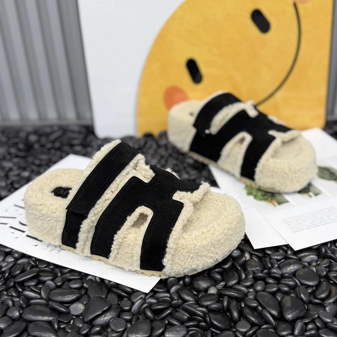 毛毛拖鞋女外穿2025秋季新款时尚厚底羔羔毛时尚魔术贴一字拖女鞋