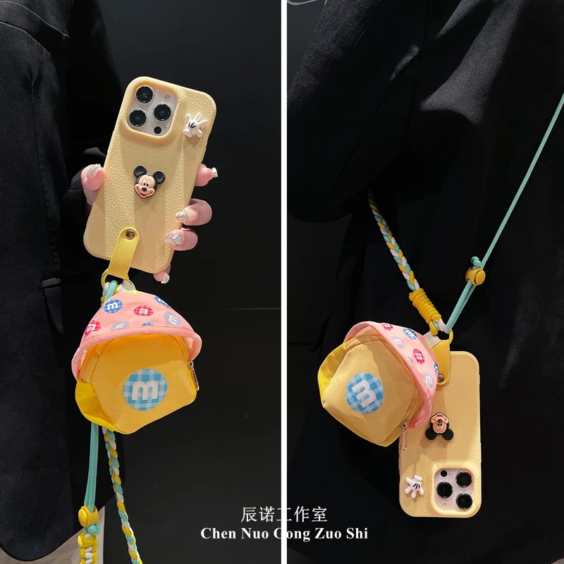 卡通立体米奇适用苹果华为荣耀oppo/vivo小米手机壳带包包斜挎绳