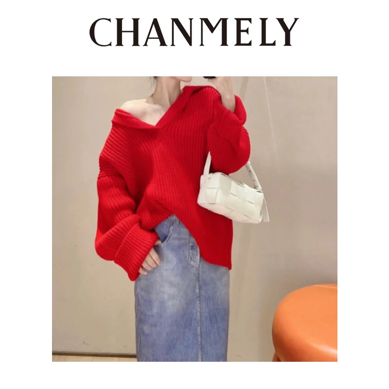【CHANMITY】24/FW圣诞新年穿搭复古时髦落肩翻领毛衣0241522