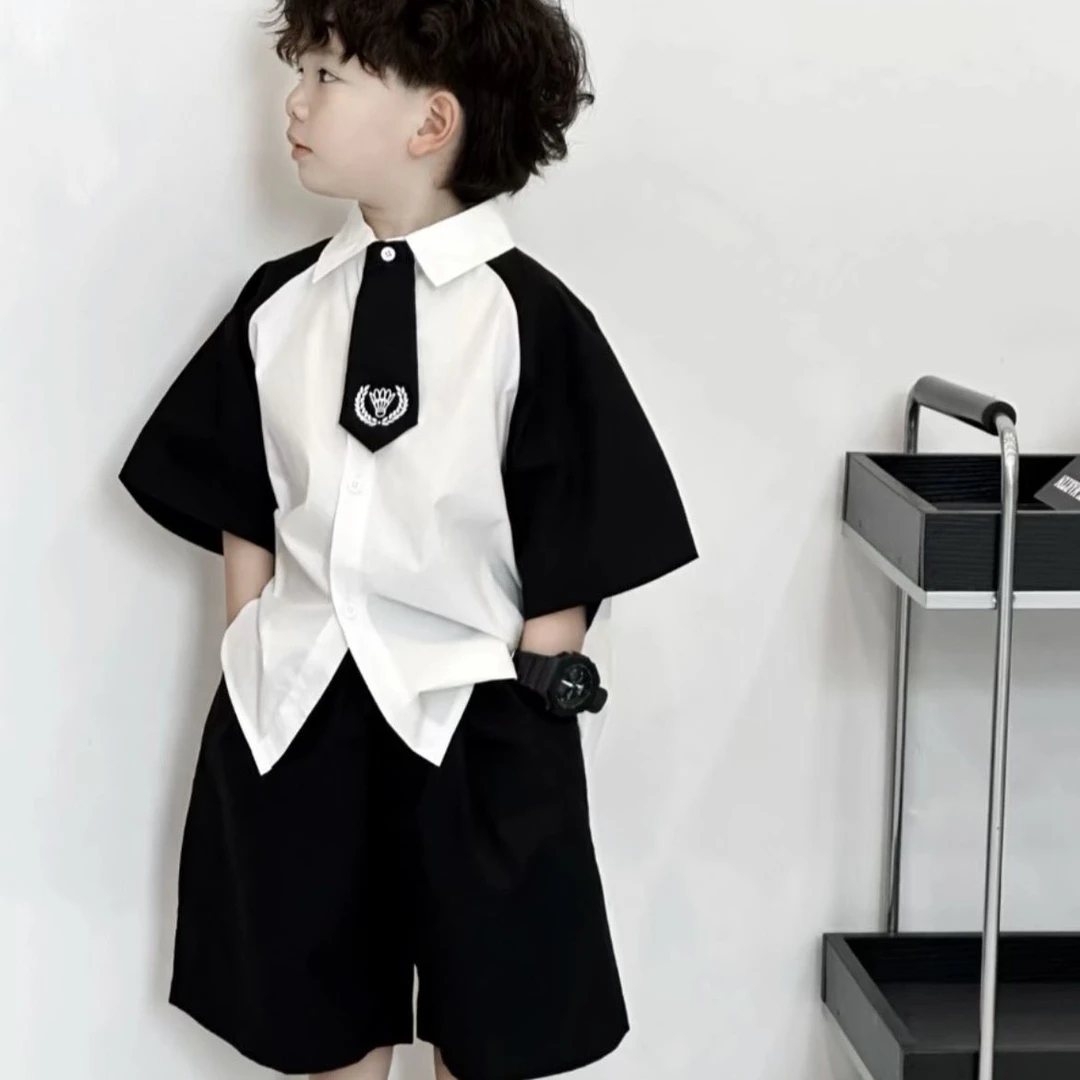 男童夏季套装儿童夏装白衬衫新款小童帅气男宝宝短袖男孩夏款FY