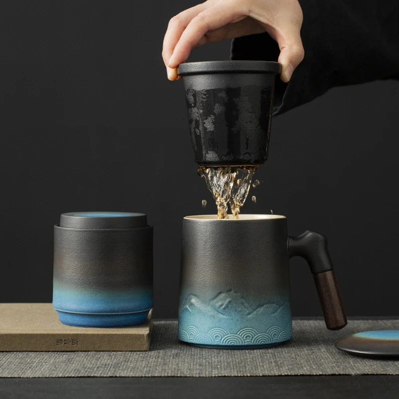陶瓷水杯男士泡茶大容量茶水分离办公杯高级感生日礼物马克杯定制