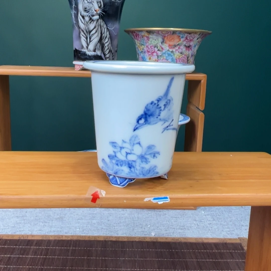 福利手工手绘青花小呆鸟签筒盆