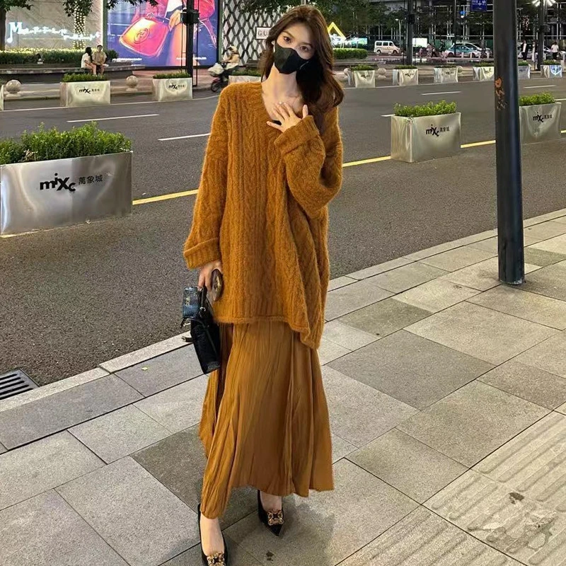 重工橘色V领套头毛衣女早春新款韩系氛围感针织衫chic上衣两件套