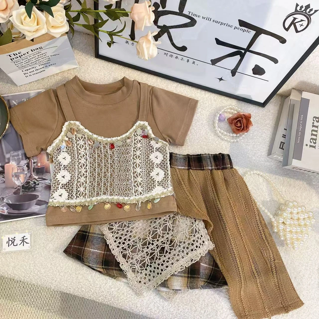 M女童套装2025新款女宝宝夏季洋气套装女童格子不规则半身裙8740