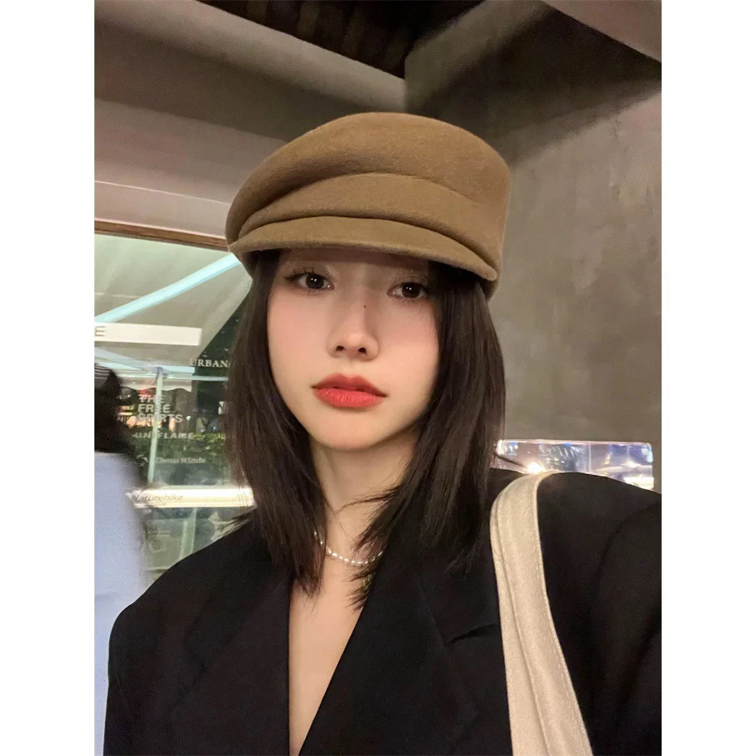 日系防晒女渔夫帽黑色大头围贝雷帽时尚毛呢秋冬帽子