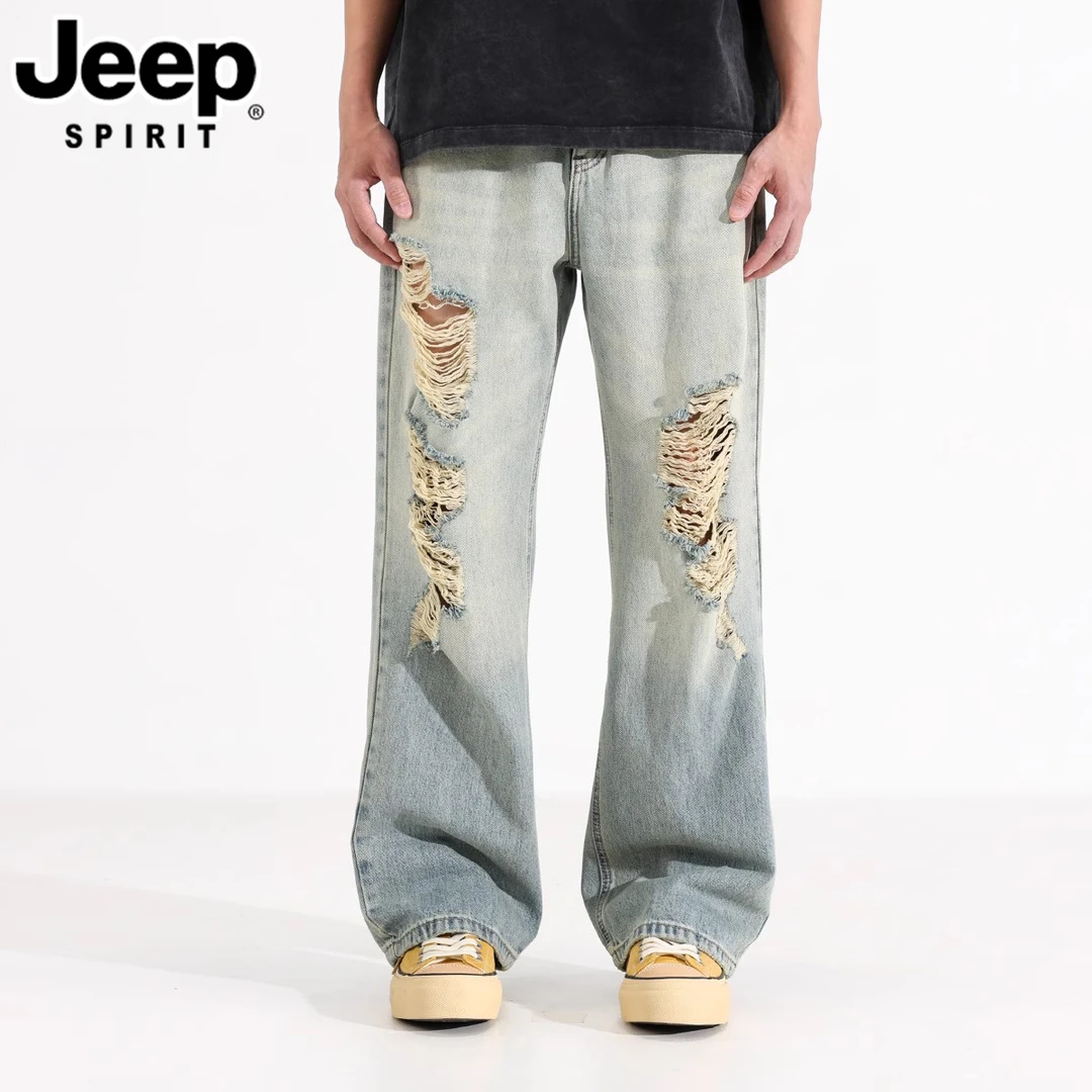 JEEPSPIRIT吉普破洞牛仔裤男士美式复古水洗做旧宽松阔腿拖地长裤
