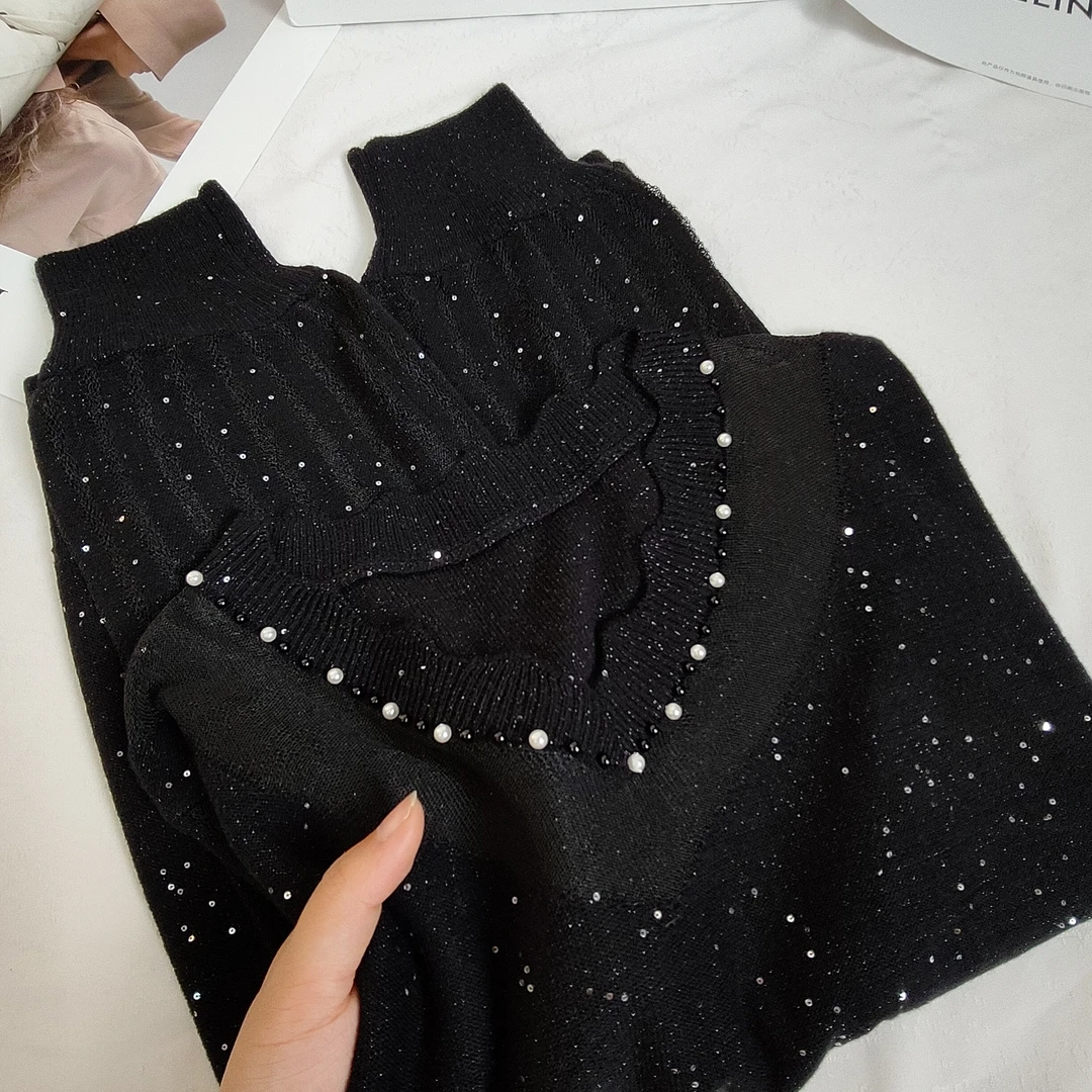 【芊荨精选】春秋季时尚百搭镂空钉珠V领亮片星空气质针织衫S816#
