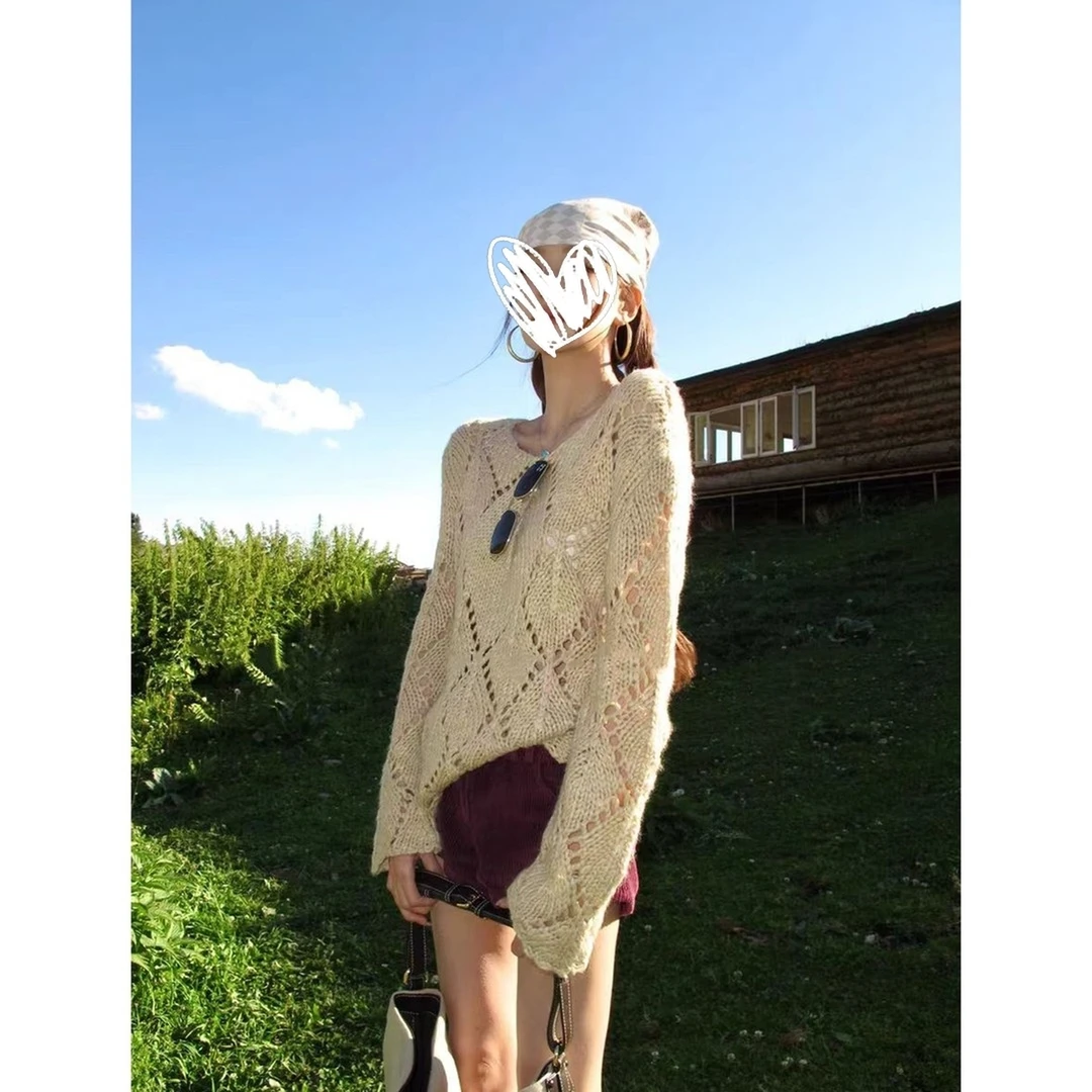 美式圆领镂空薄款长袖针织衫女氛围感早秋穿搭纯欲辣妹显瘦上衣女