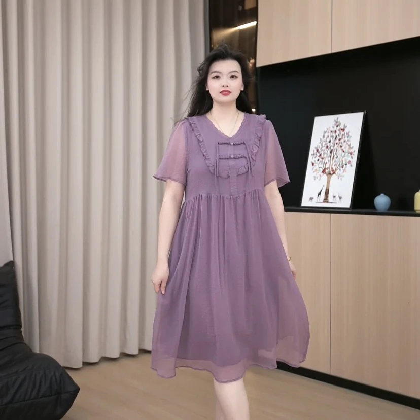 胖依依大码女士女装2025新款夏季时尚显瘦气质V领宽松裙子240589