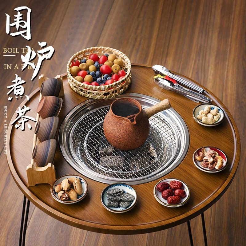 新中式阳台茶桌全套露营户外围炉煮茶茶台胡桃色送防烫圈烤网铁锅
