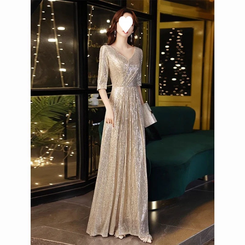 银色亮片晚礼服女气质高端宴会主持人合唱团演出连衣裙长款夏