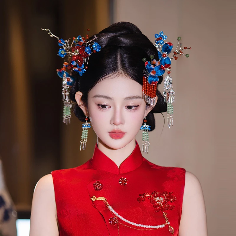 合金树脂婚庆饰品 小众新款新娘发饰中式高端绒花旗袍配饰品G0285