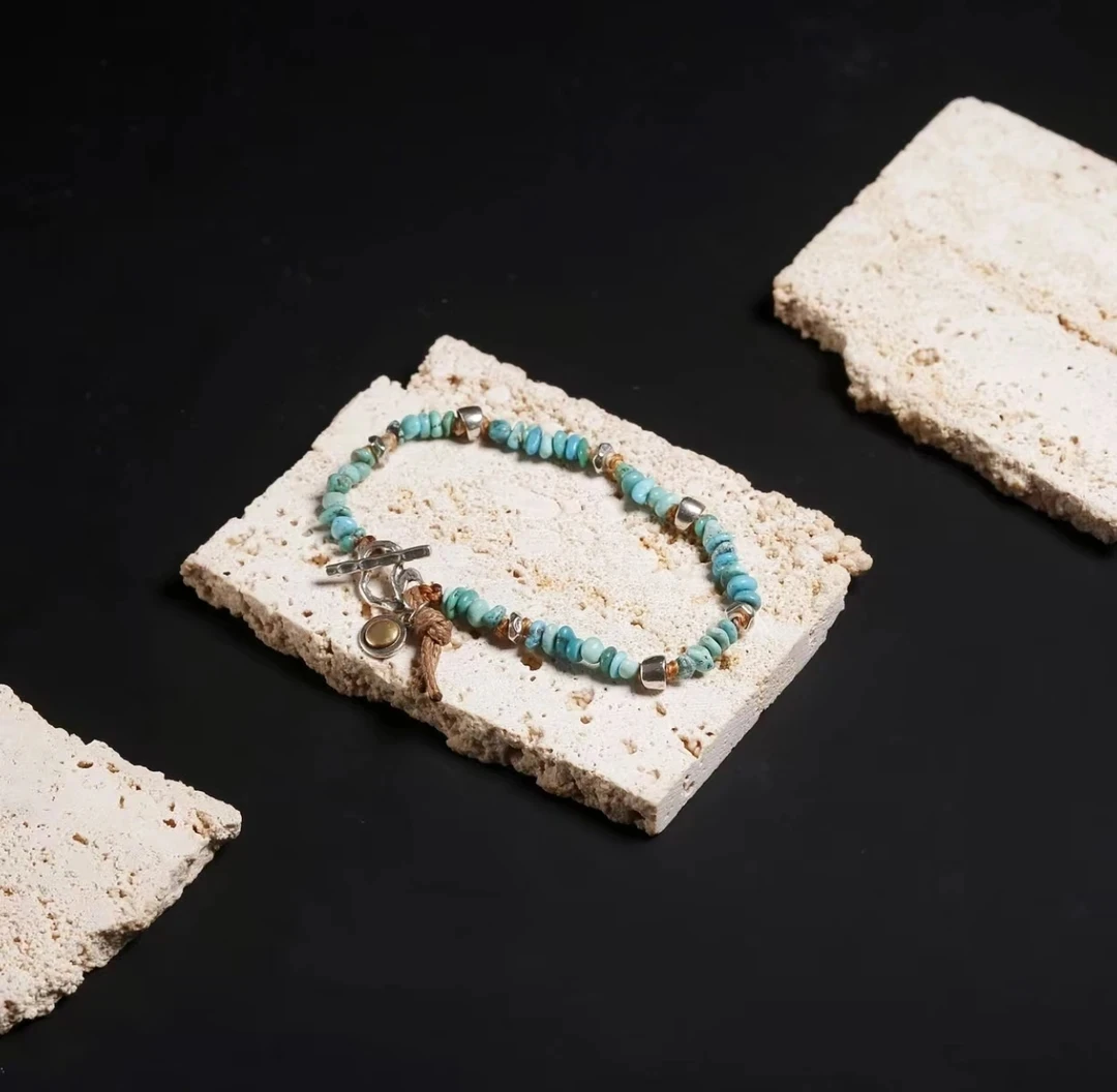 925银手链 【半夏】情侣小众百搭珠串复古手作编织蓝色S925银手链