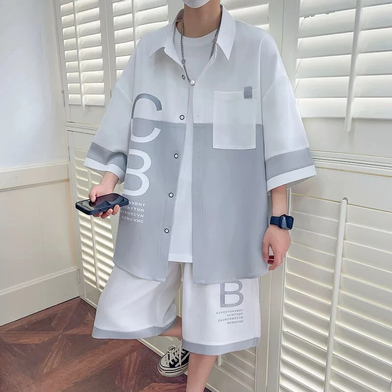 夏季套装男冰丝凉感短裤两件套青少年帅气洋气百搭衬衫一整套