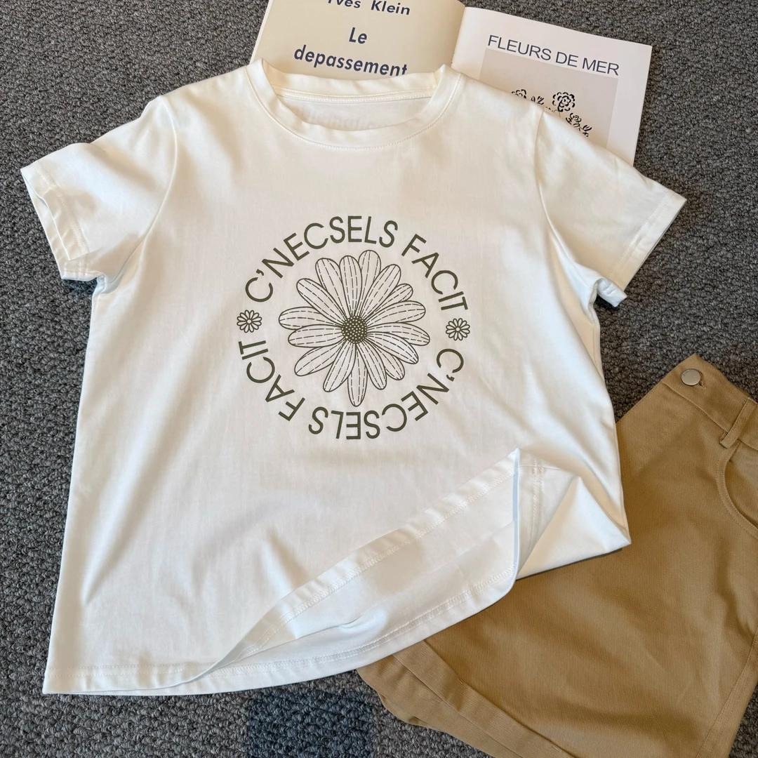 小个子圆圆HP108纯棉菊花印花圆领宽松纯色袖T恤简约短款上衣女