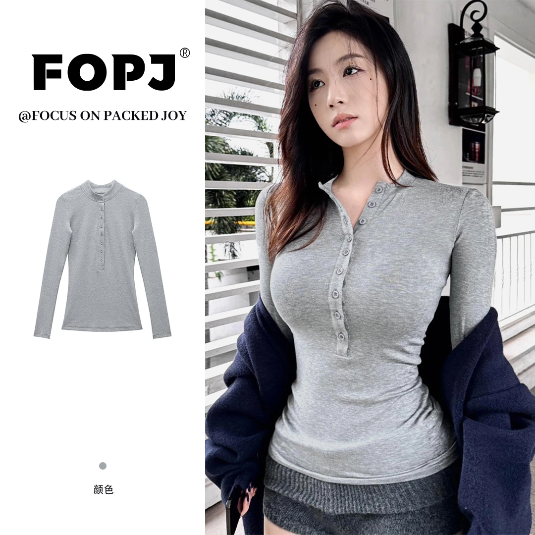 FOPJ春秋新款设计感纽扣半开领长袖t恤内搭女打底衫时尚辣妹上衣
