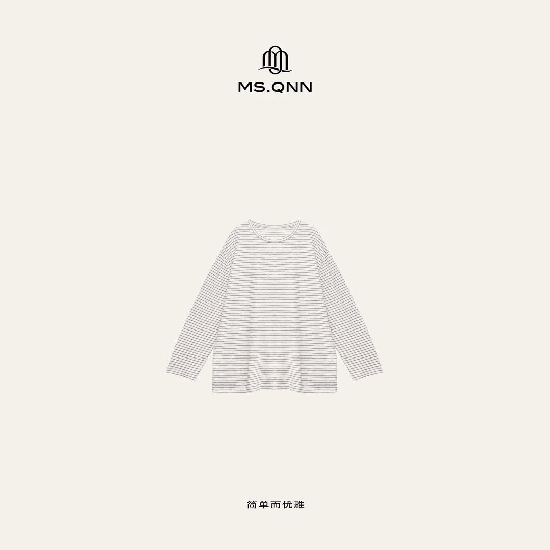 Ms.Qnn“满分松弛”慵懒风麻棉条纹长袖T恤防晒针织上衣 39T239 Q姐