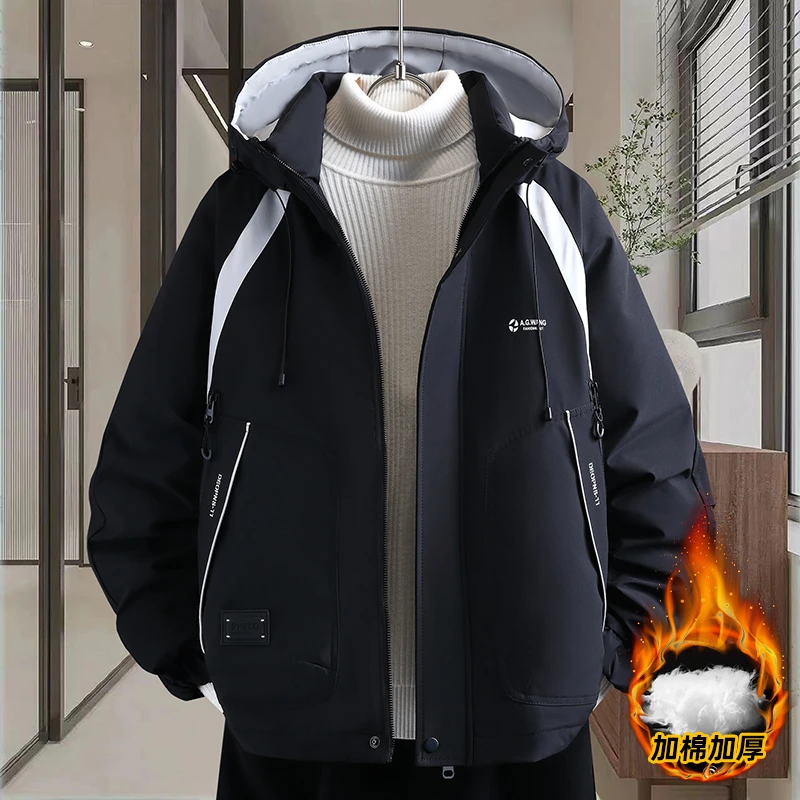 冬装新款青少年时尚连帽潮牌棉服港风宽松学生保暖撞色棉衣外套男