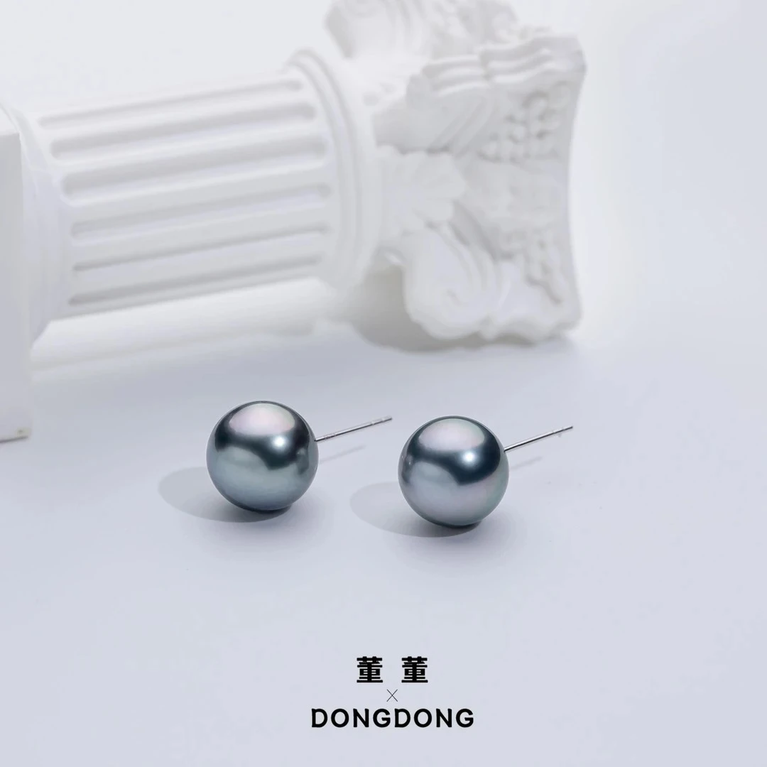 DDX691【阳阳】大溪地珍珠耳钉铂金灰9-10mmG18K气质百搭王妃强光