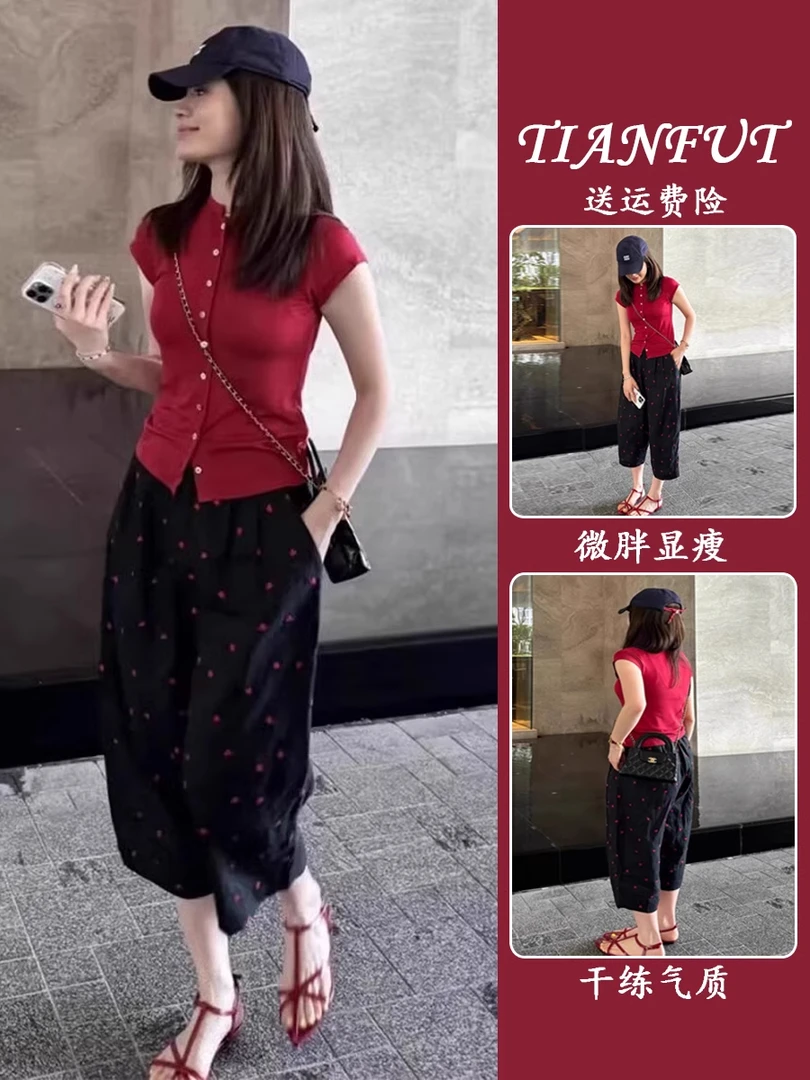 炸街减龄时尚小个子显高红色T恤阔腿裤高级感超好看的套装女夏季