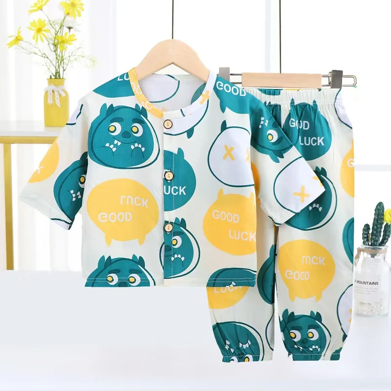 儿童棉绸睡衣七分袖男女童婴儿纯棉宝宝夏季薄款夏天套装透气舒适