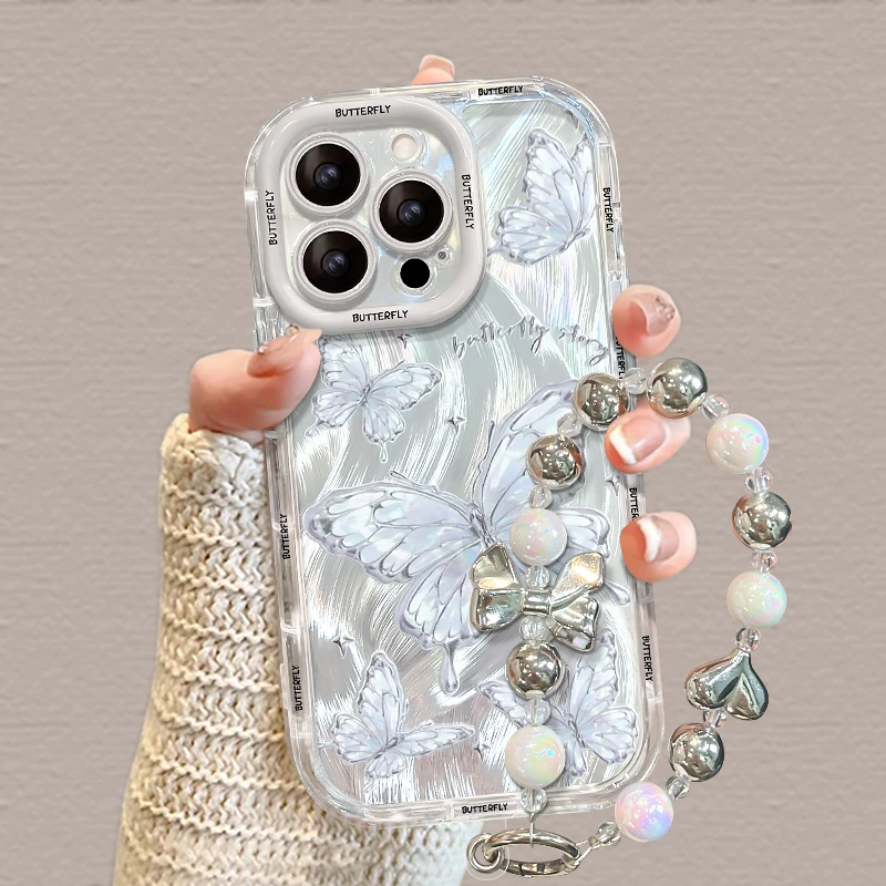 满屏蝴蝶手链适用苹果15vivo华为oppo小米iPhone16羽纱奶油手机壳