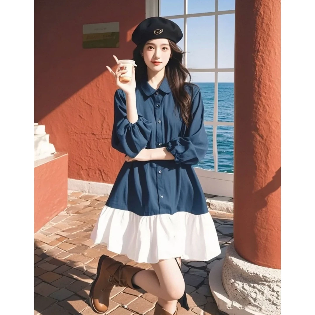 春季2025新款韩版撞色拼接衬衫连衣裙高级感宽松百搭设计感裙子女