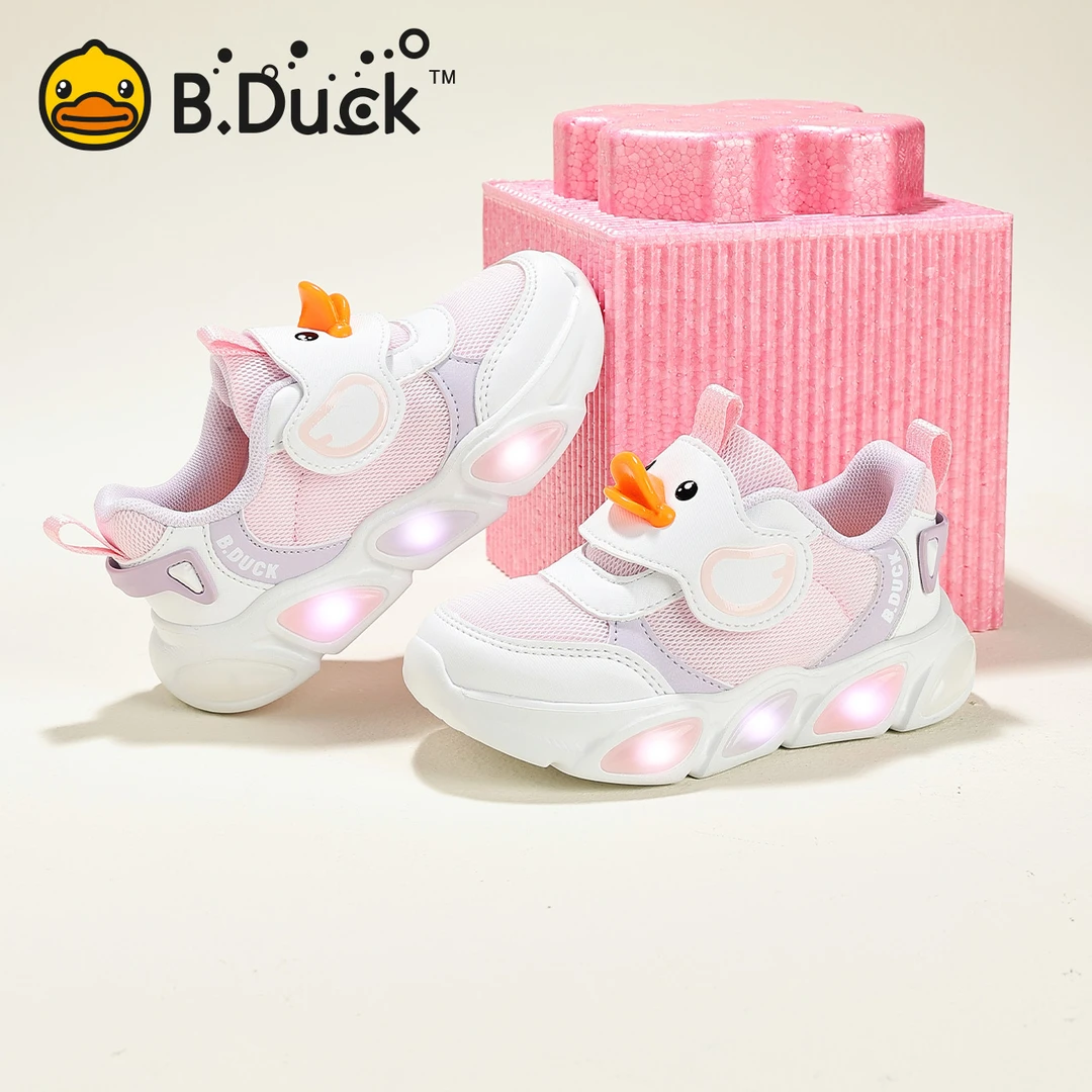 B.Duck小黄鸭儿童鞋女童运动鞋网面2025春秋儿童男鞋发光鞋亮灯鞋