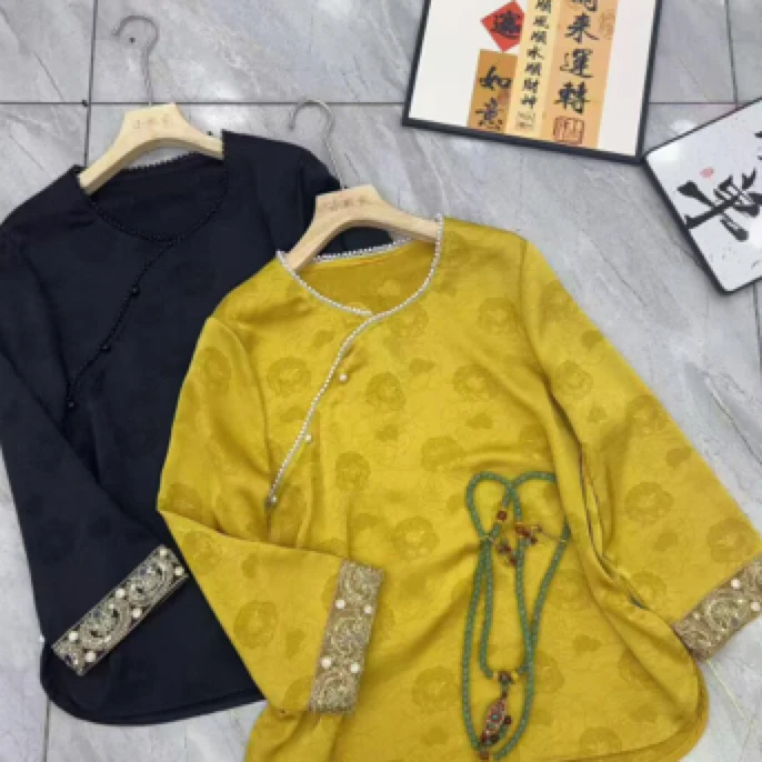 【大碗】小微家新中式提花斜襟设计宽松减龄时尚气质衬衫