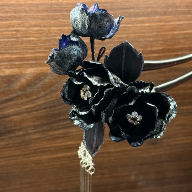 黑银牡丹发钗 非遗手工绒花发钗日常百搭头饰发簪