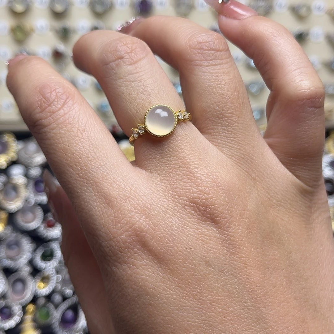 蛇纹石玉银S925镀金镶嵌戒指