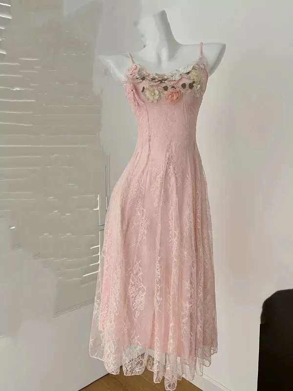夏季新款韩版小众氛围感法式白色蕾丝吊带蛋糕裙女裙