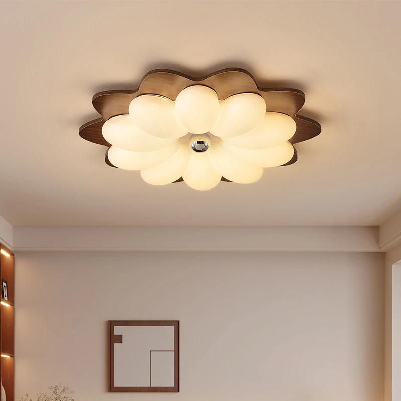 卧室灯复古胡桃木色花朵全光谱护眼吸顶灯中古风花瓣儿童房间灯具
