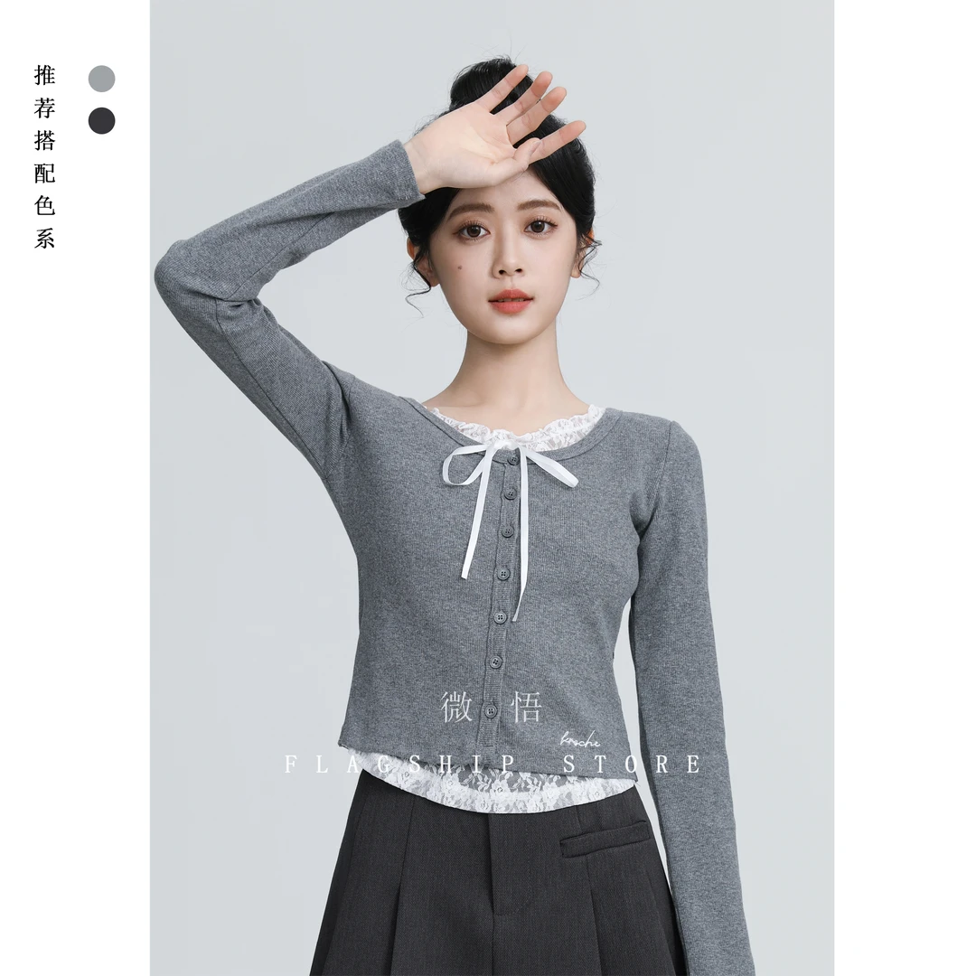 灰色假两件长袖T恤女2025春秋新款蕾丝拼接显瘦打底正肩短款上衣