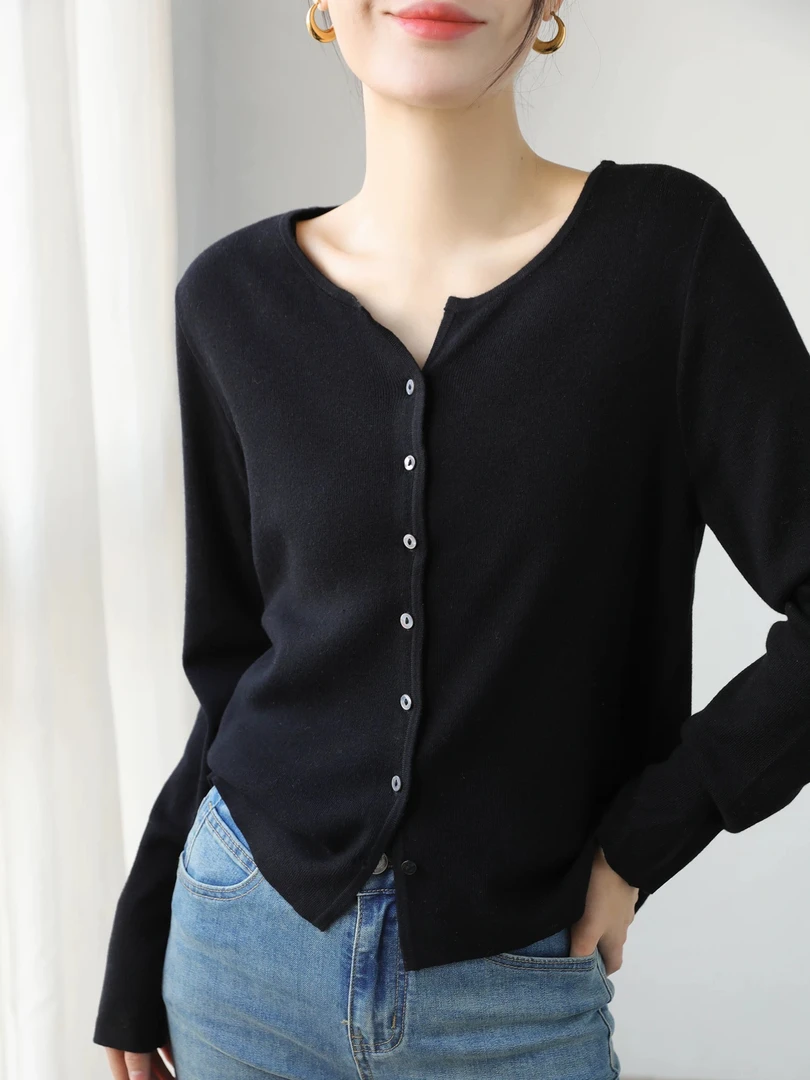 7039气质减龄圆领针织开衫女春秋休闲百搭显瘦打底衫长袖外套黑灰