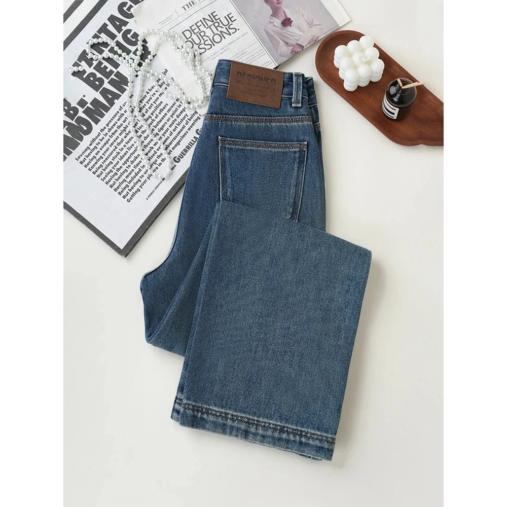 7604 Q【三本线工艺】复古高腰窄版牛仔裤女春秋新款宽松百搭直筒裤