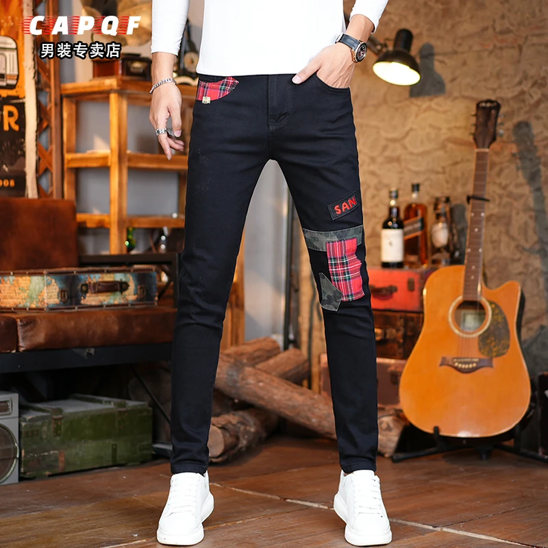 高端潮牌男士黑色牛仔裤男202夏季潮流韩版修身小脚薄款裤子