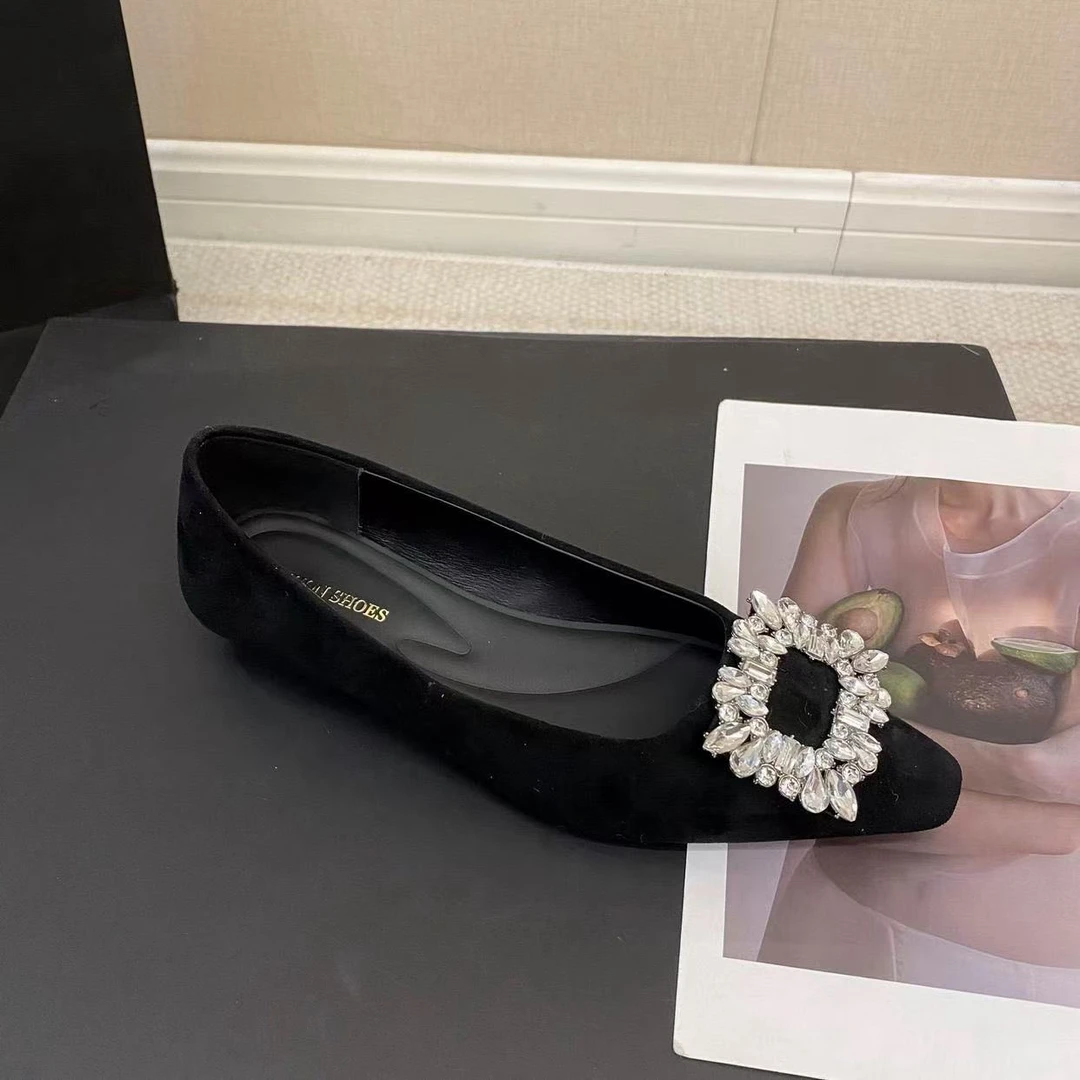 【Amy花猫】法式尖头单鞋女2025年春浅口鞋子水钻女士气质平底鞋