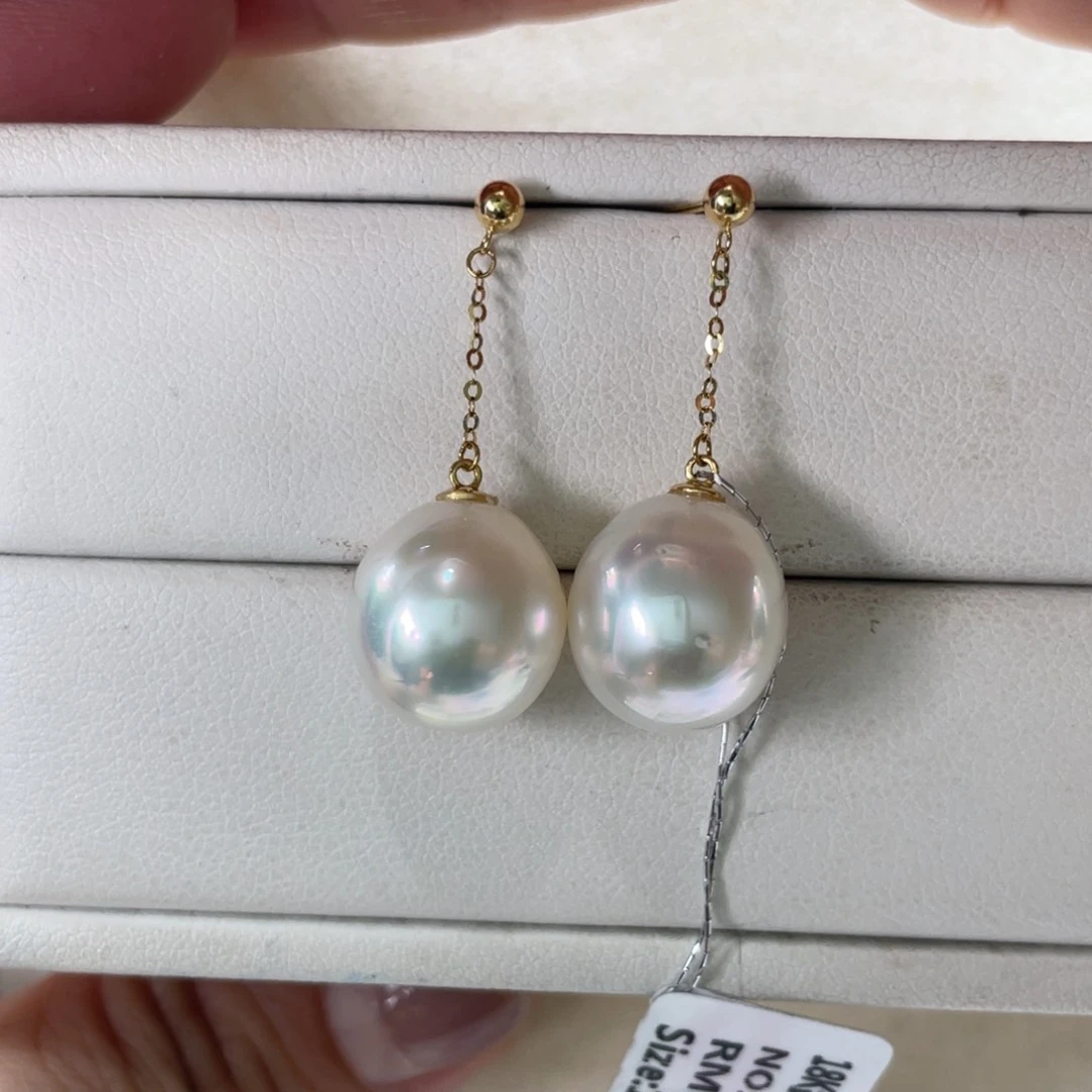 18K金镶嵌耳饰海水珍珠澳白大风吹12-13m m