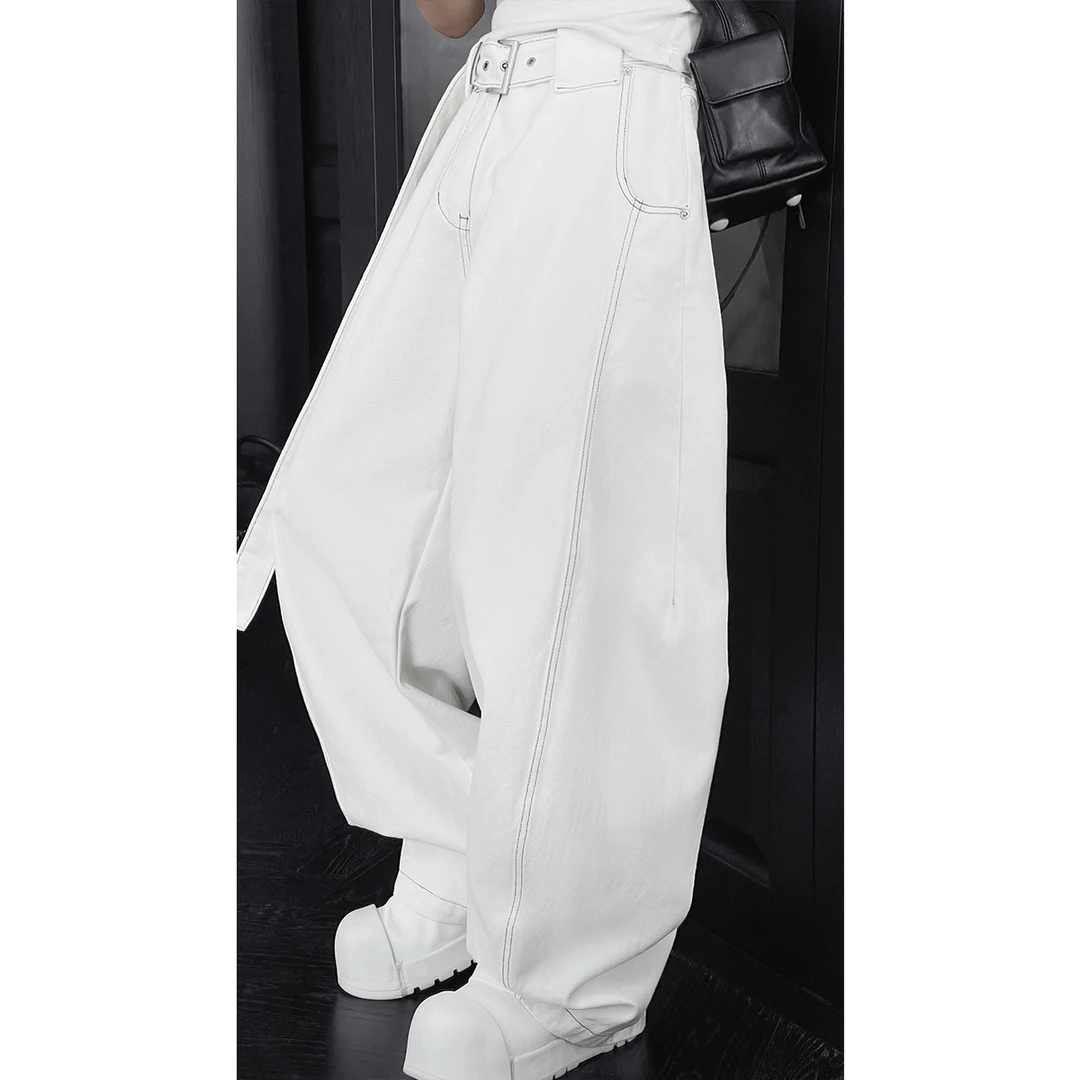 龙叨叨春季新品美式休闲腰带设计款牛仔裤男宽松百搭弯刀裤长裤潮